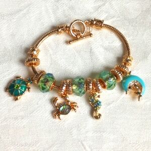 Beach Rhinestones Enamel Charm 7 Inch Gold Tonebracelet